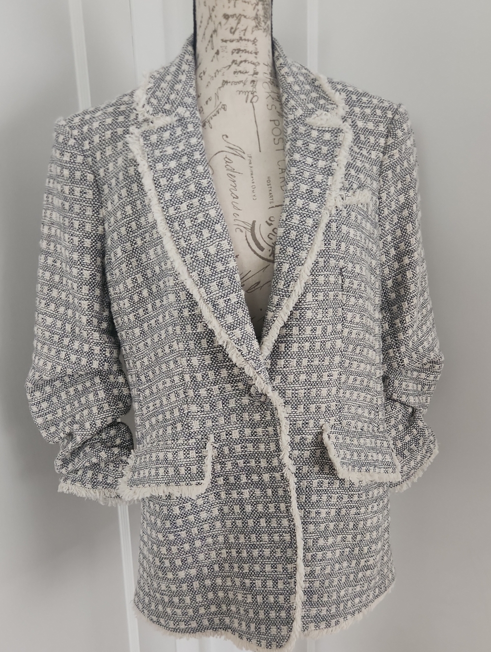 Women's Tweed Fringe Blazer Jacket And Shorts Set - Navy & White Color